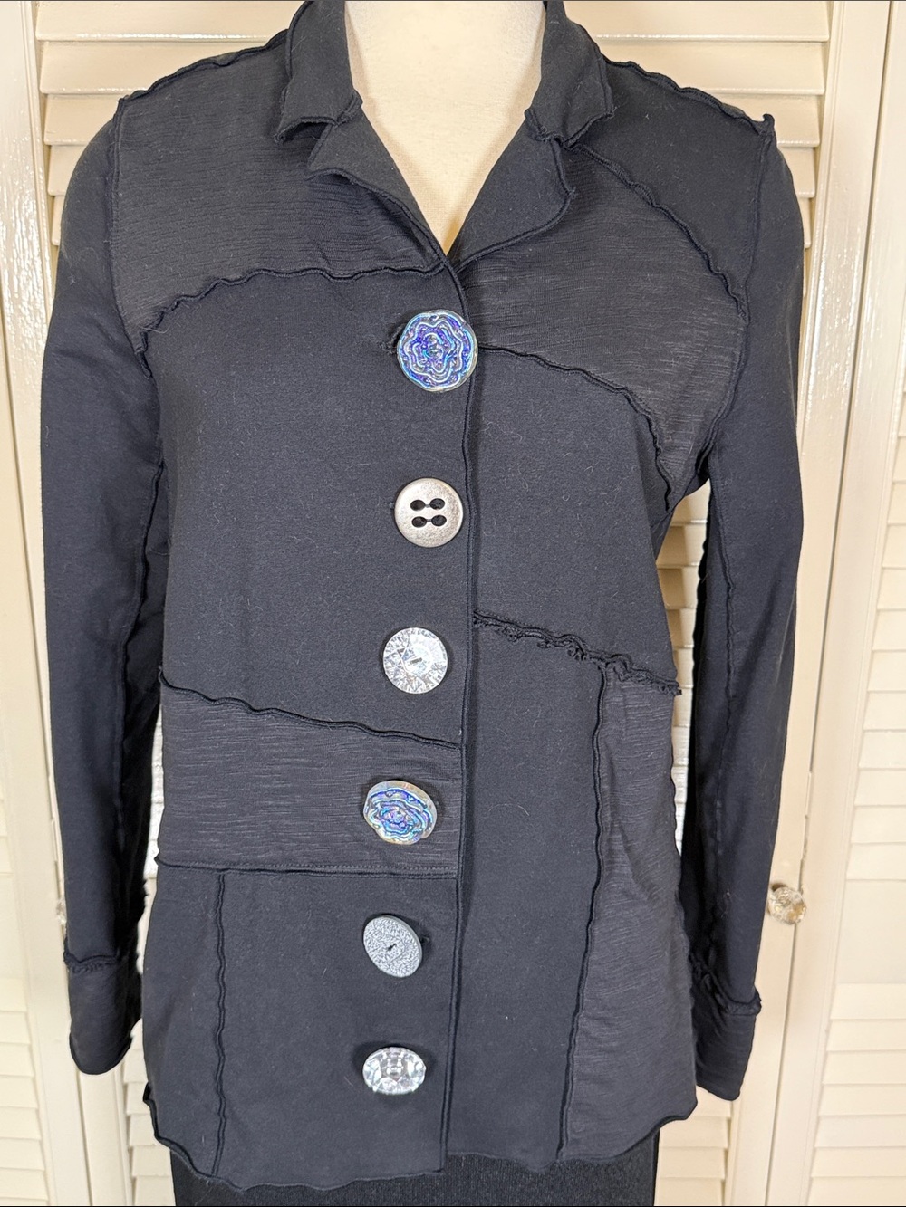 Neon Buddha Black Artisan Patchwork Jacket Statement Buttons Lagenlook Boho Size